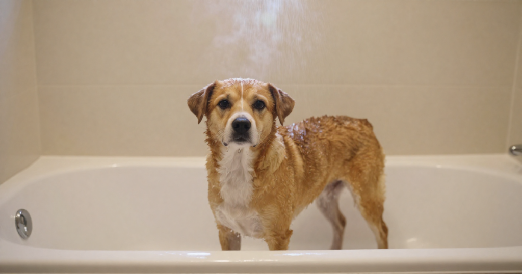 Perro de tamaño mediano recibiendo baño con agua tibia en bañera doméstica.