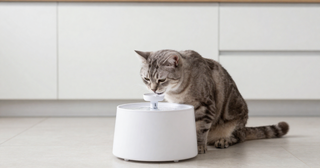 Fuente de agua para gatos que fomenta la hidratación a lo largo del día.