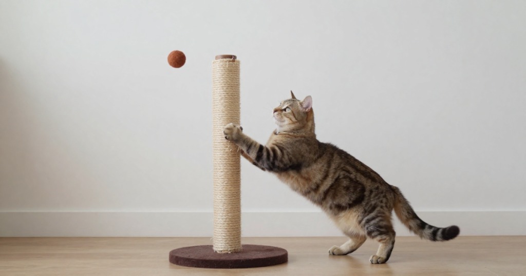 Gato jugando con rascador en casa.