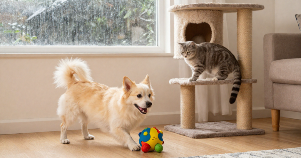 Perro y gato jugando en casa durante un día lluvioso, con juguetes y refugio seco.