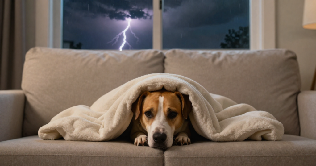 Perro escondido bajo una cobija durante tormenta con truenos