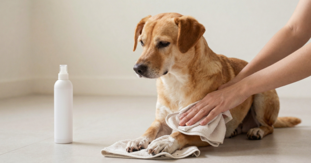 Persona limpiando las patas de su perro con toalla húmeda en casa durante temporada lluviosa.