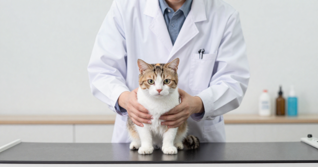 Veterinario revisando a un gato recién adoptado en su consulta inicial.