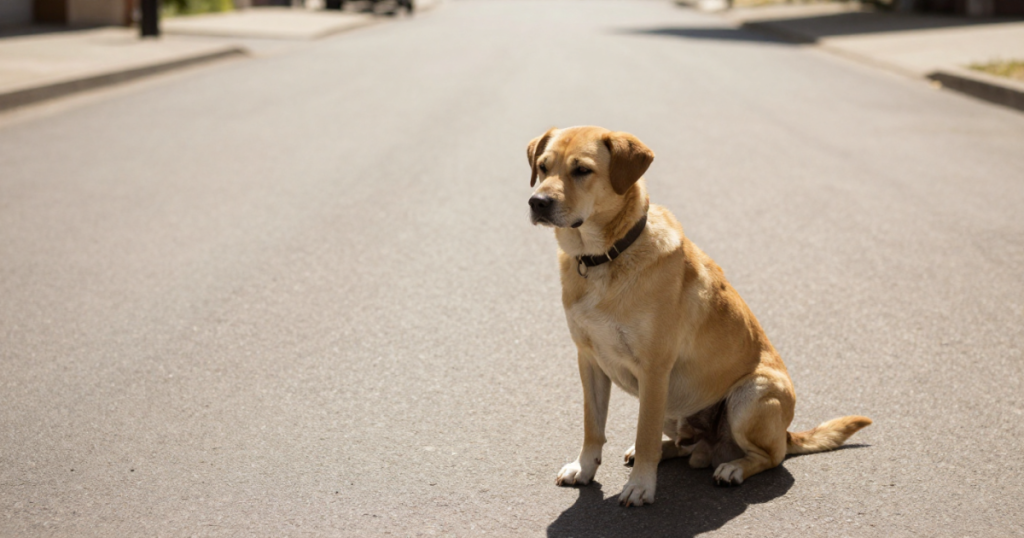 Perro de color canela sentado en una calle pavimentada de San José, con collar oscuro, en un entorno urbano tranquilo y soleado.