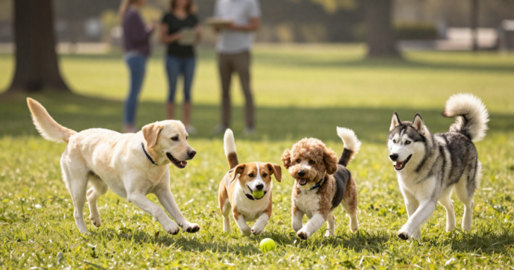 Cinco perros de diferentes razas, incluyendo Golden Retriever, Beagle, French Bulldog, Dálmata y Border Collie, jugando y corriendo en un parque abierto.