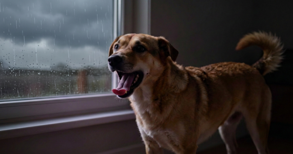 Perro de pelaje café mirando por la ventana con lluvia y cielo oscuro, mostrando alerta y ansiedad durante la tormenta.