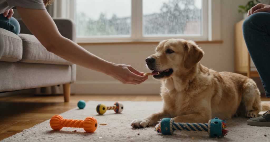 Persona dando un snack a su perro Golden Retriever en la sala, rodeado de juguetes coloridos, mostrando vínculo y manejo del apetito en días lluviosos.